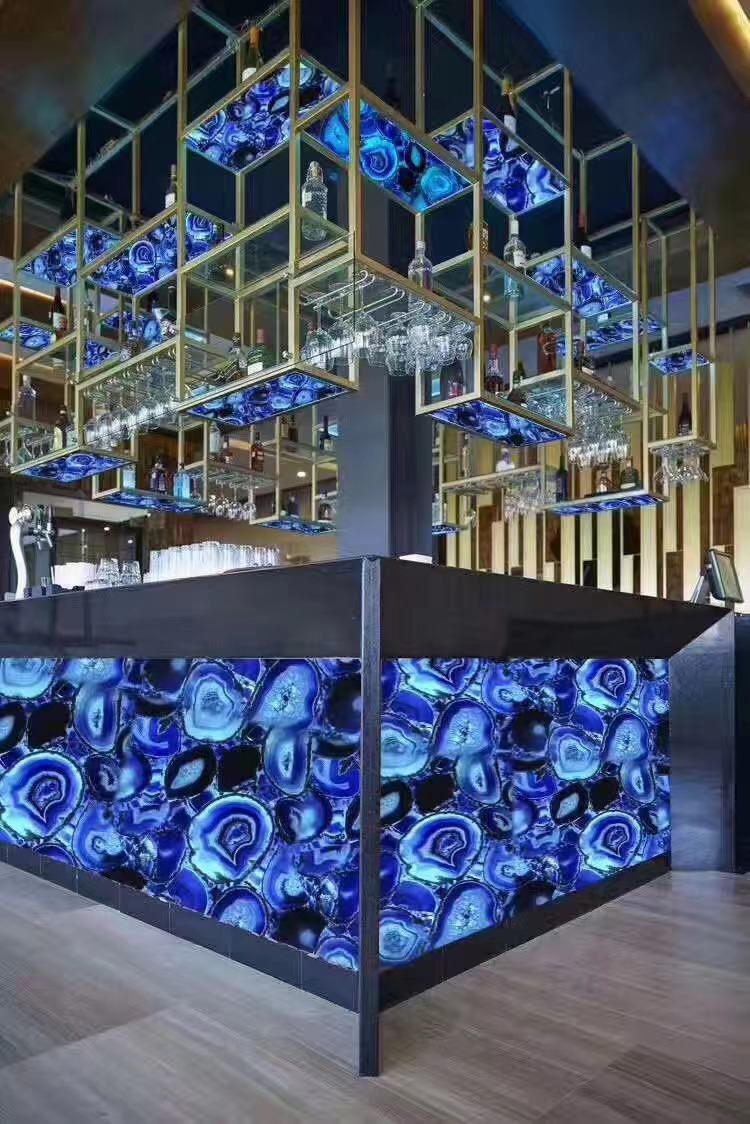 Blue agate gemstone backlit coffee table tops
