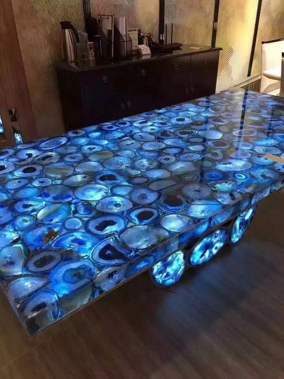 Blue agate gemstone backlit coffee table tops