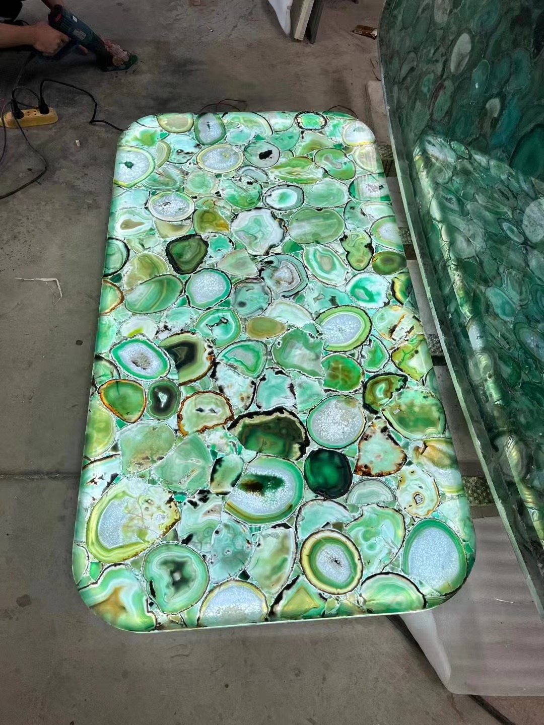 Green agate round table Semiprecious Stone 