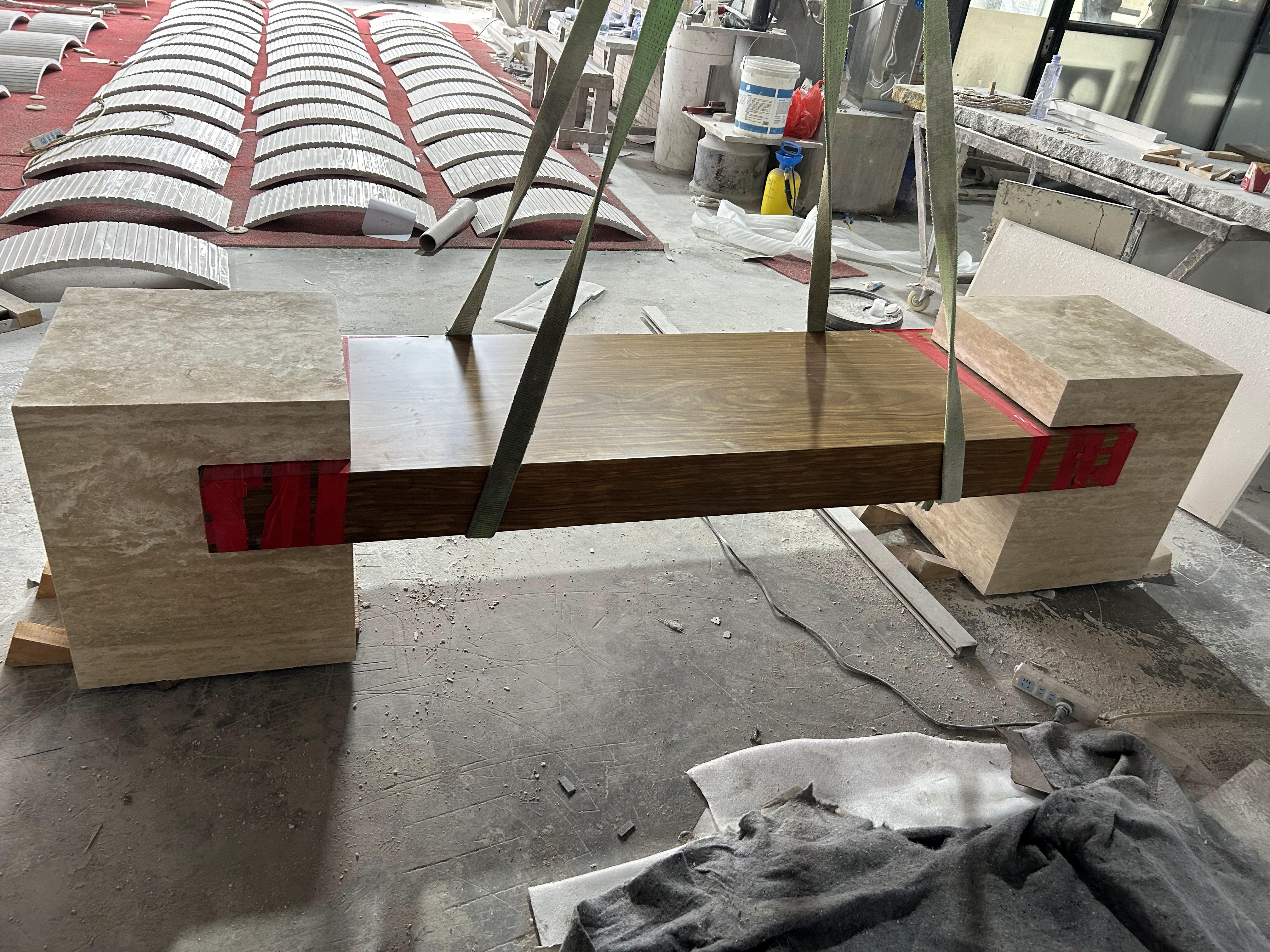 Classical Roman Beige Travertine Bench with teak wood